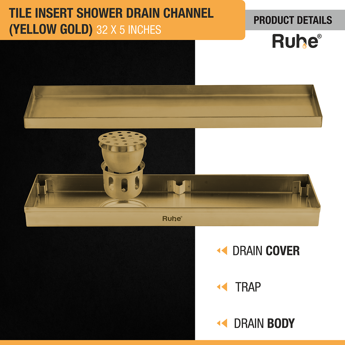 Tile Insert Shower Drain Channel (32 x 5 Inches) YELLOW GOLD PVD Coated - by Ruhe®