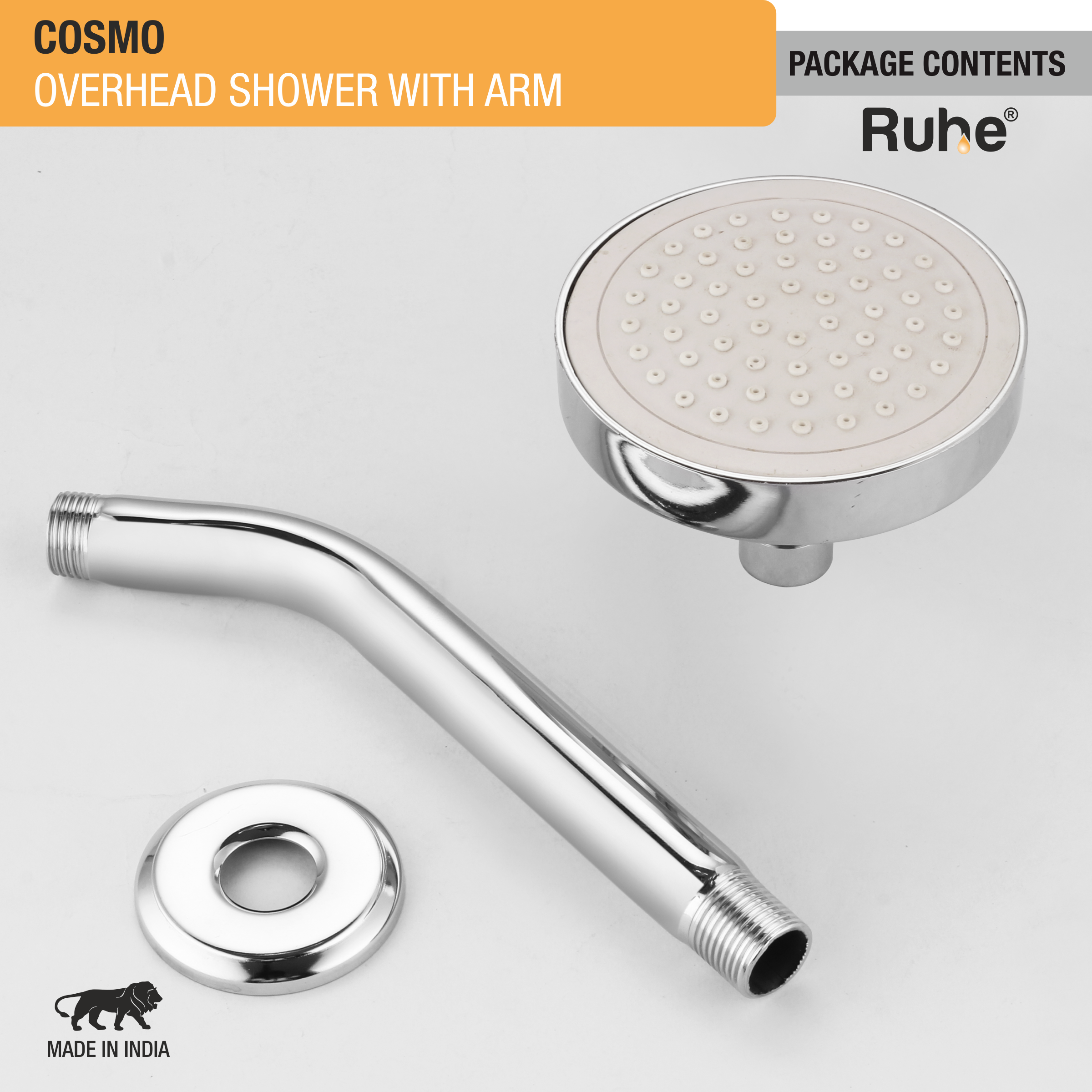Cosmo Overhead Shower (4 Inches) with Shower Arm package content