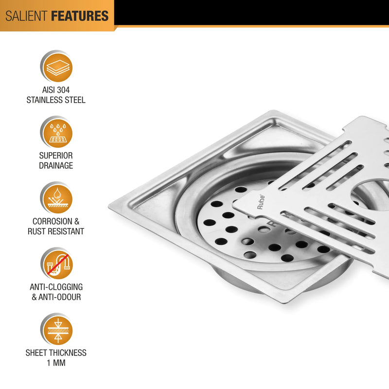 Opal Square Flat Cut 304-Grade Floor Drain with Hole & Cockroach Trap (6 x 6 Inches) - by Ruhe