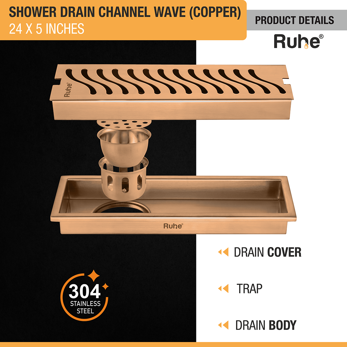 Wave Shower Drain Channel (24 x 5 Inches) ROSE GOLD PVD Coated - by Ruhe®