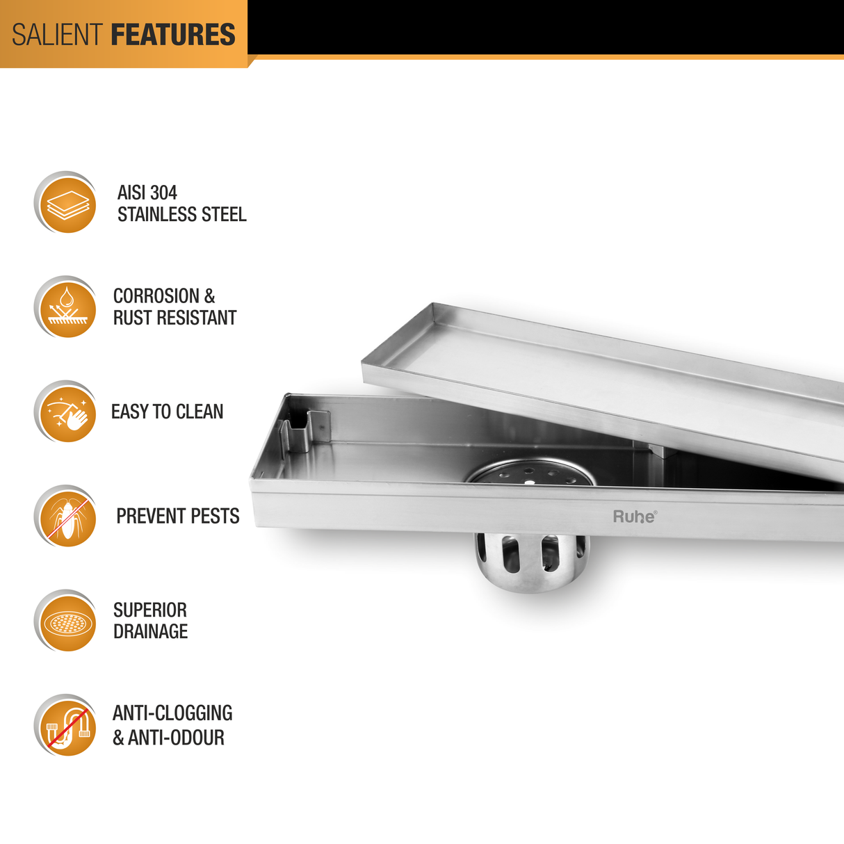 Tile Insert Shower Drain Channel (32 x 4 Inches) with Cockroach Trap (304 Grade) - by Ruhe®