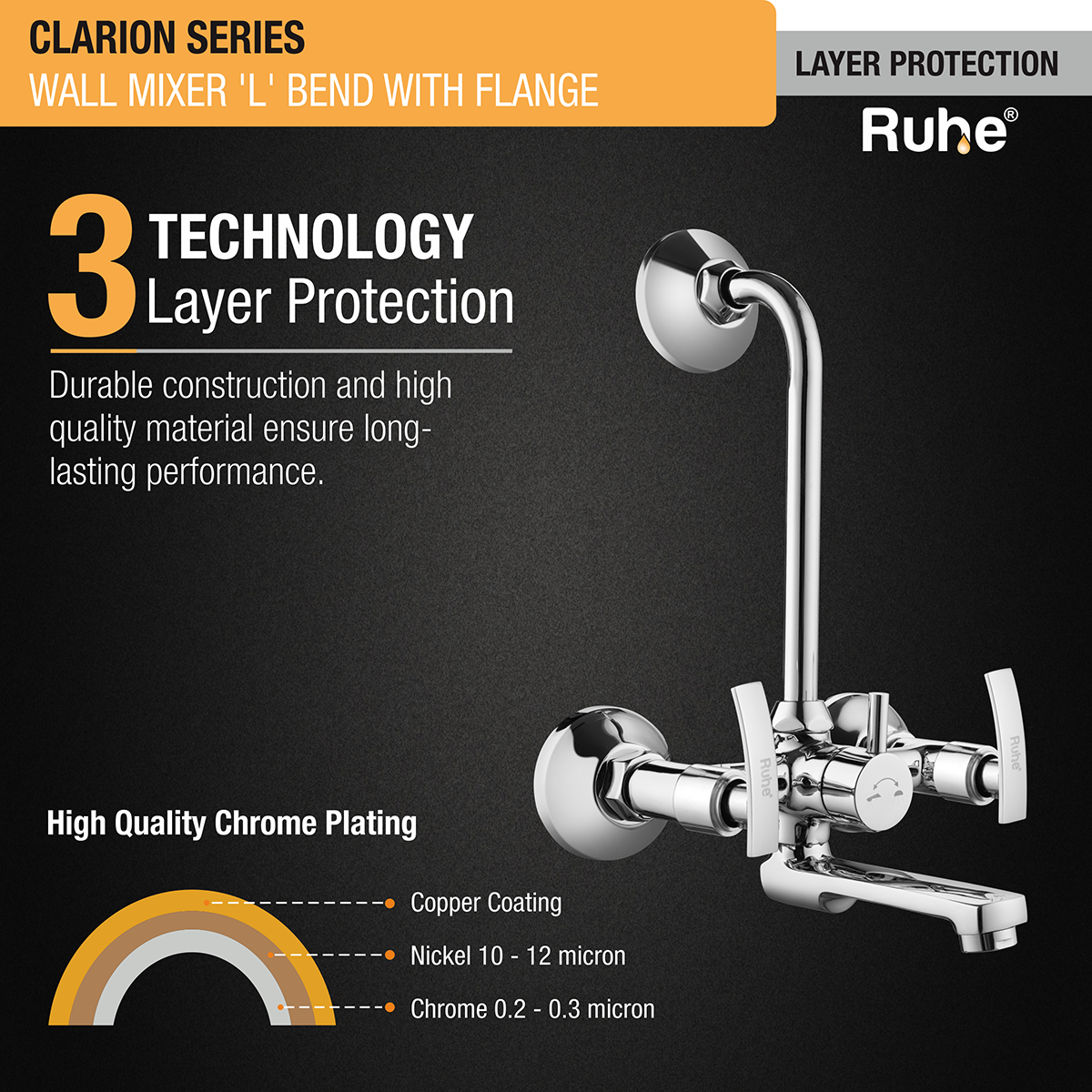 Clarion Wall Mixer Brass Faucet with L Bend 3 layer protection