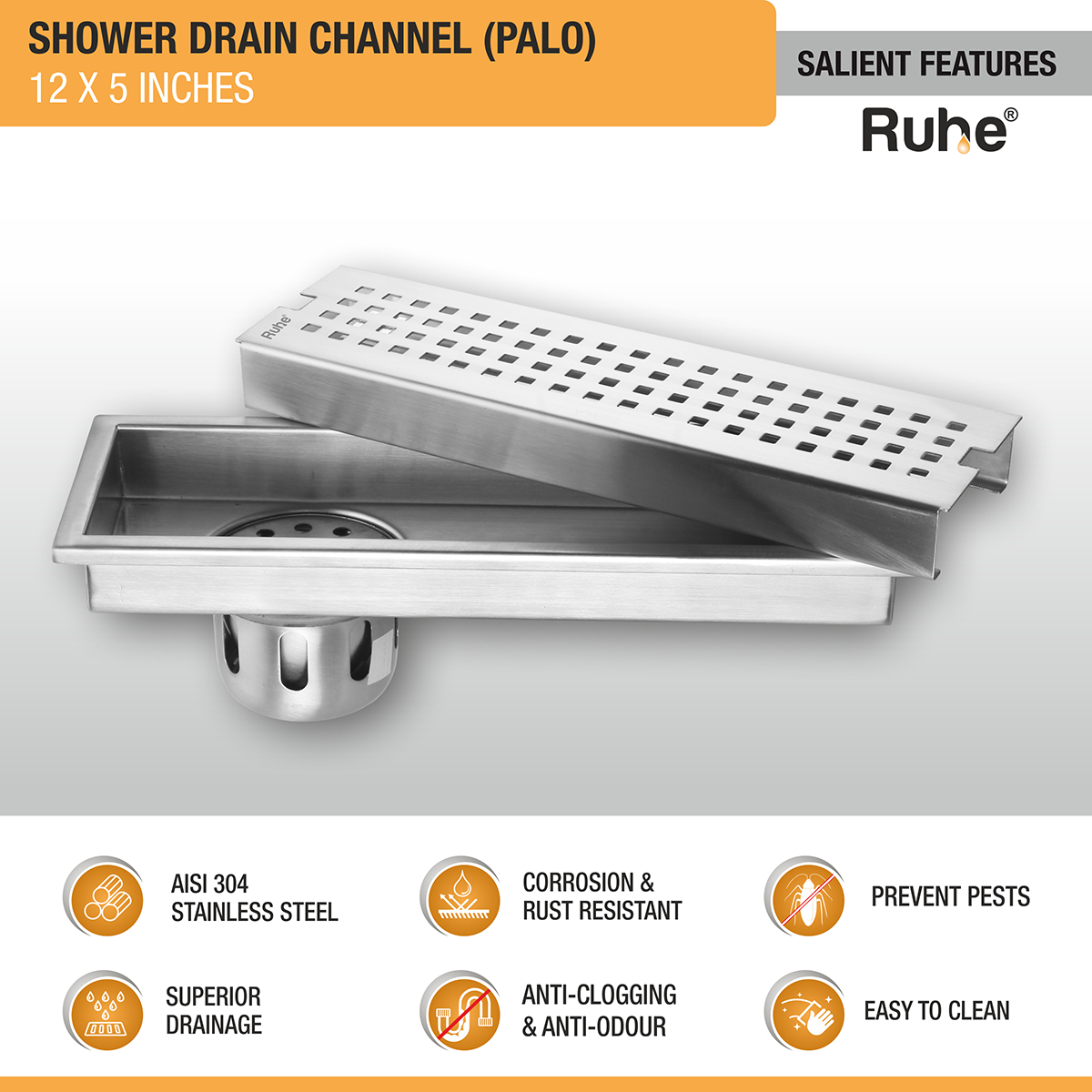 Palo Shower Drain Channel (12 x 5 Inches) with Cockroach Trap (304 Grade) - by Ruhe®