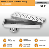 Palo Shower Drain Channel (12 x 5 Inches) with Cockroach Trap (304 Grade) features