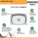Oval Single Bowl (22 x 18 x 8 inches) 304-Grade Kitchen Sink description of products