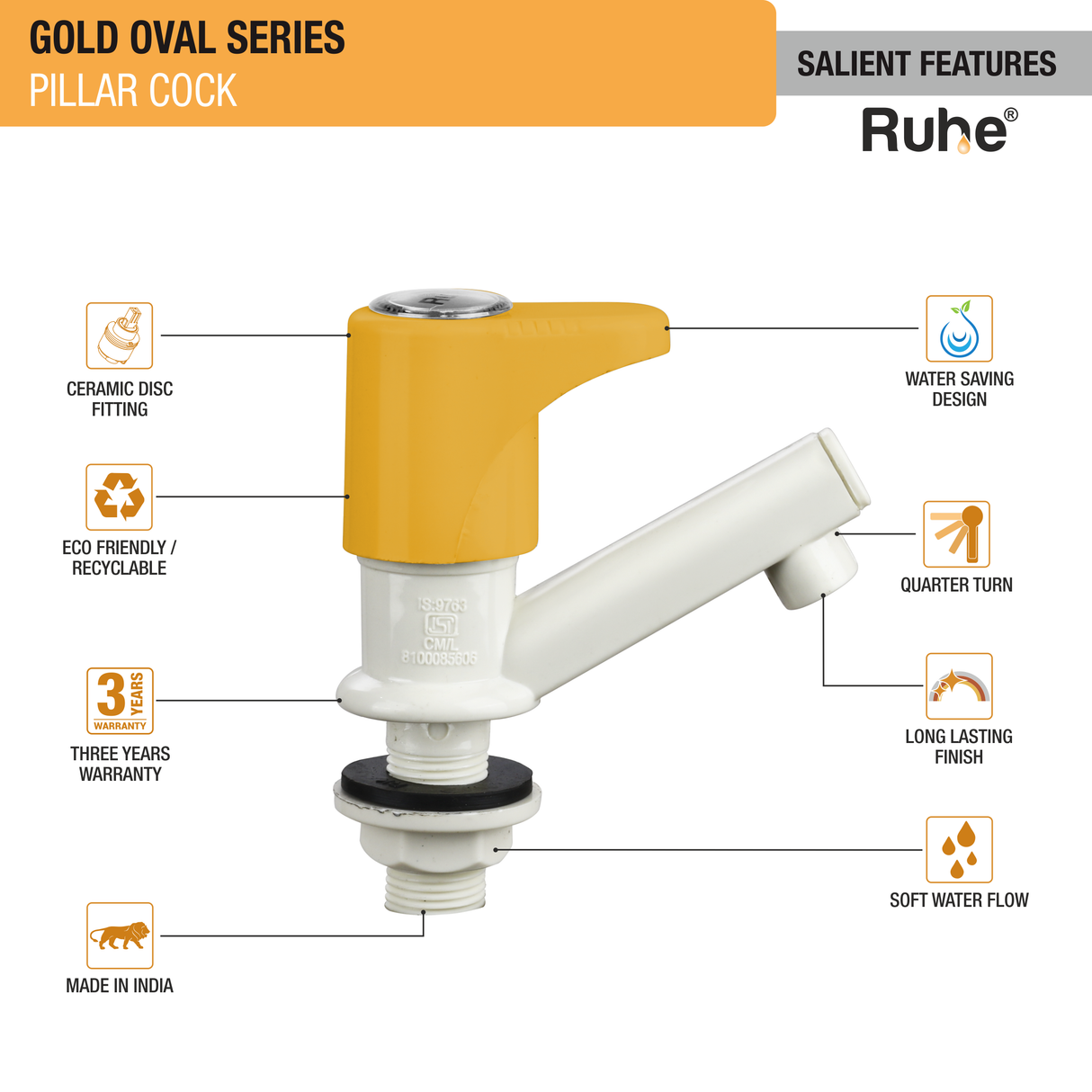 Gold Oval PTMT Pillar Cock Faucet features