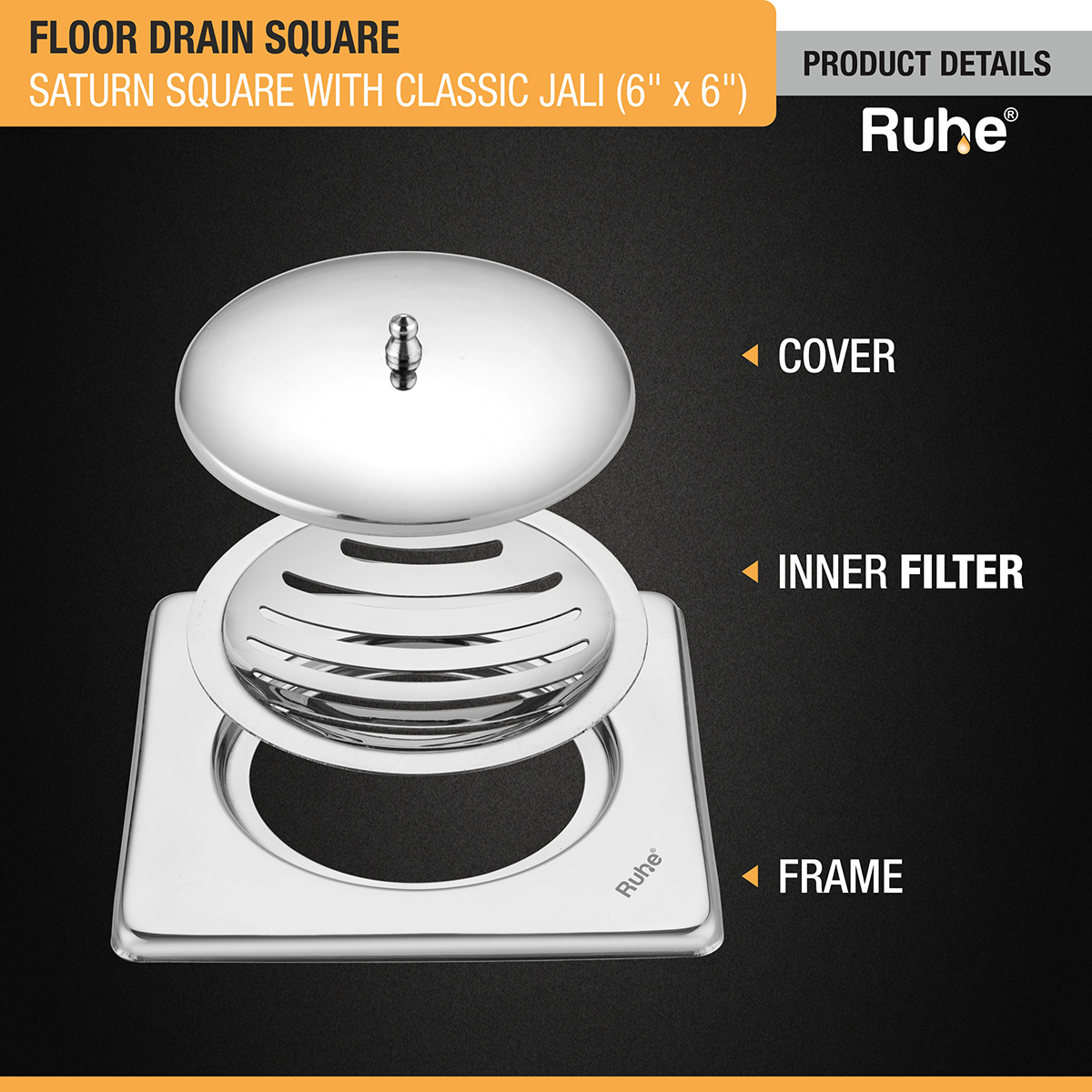 Saturn Classic Jali Square Floor Drain (6 x 6 Inches) with Lid - by Ruhe®