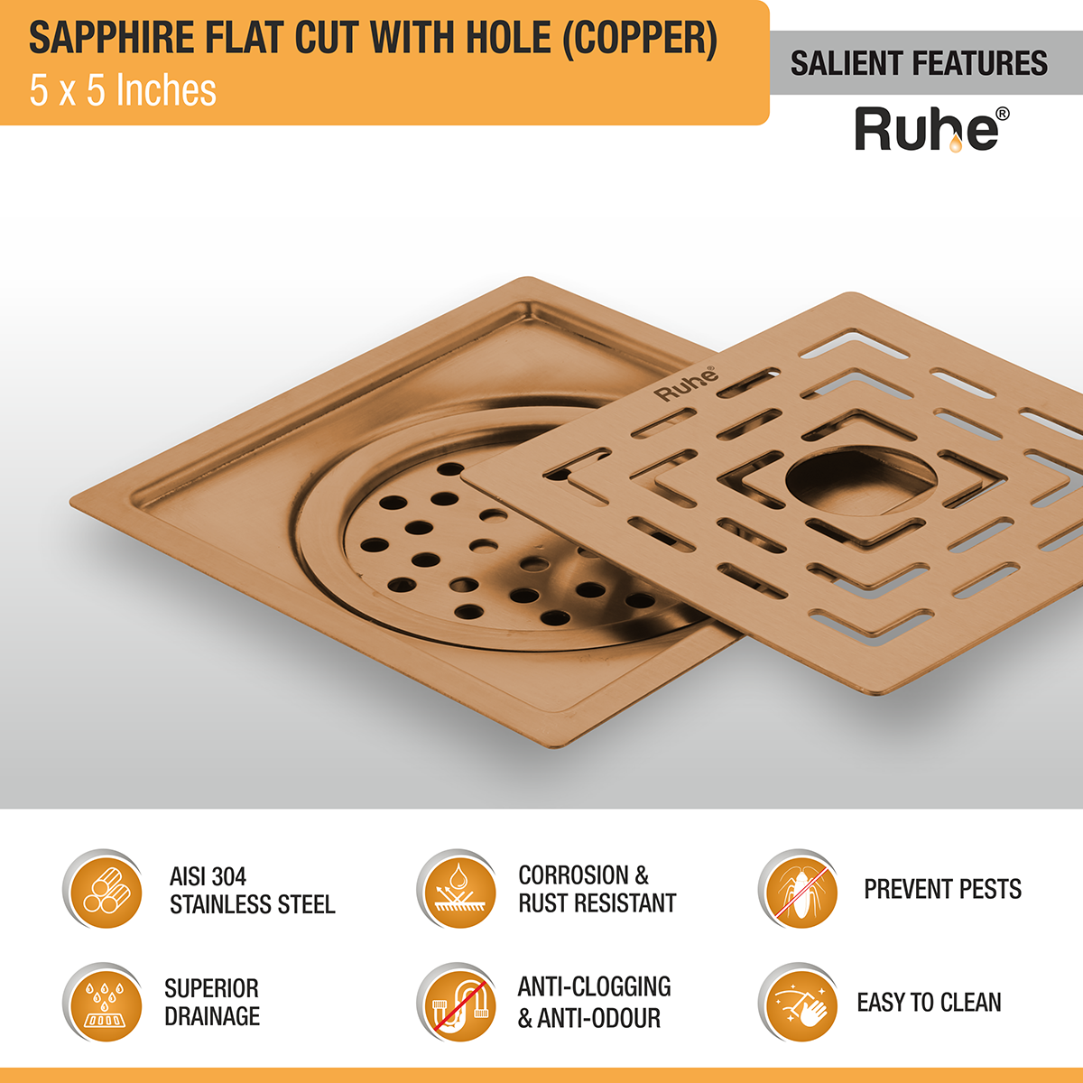 Sapphire Square Flat Cut Floor Drain in Antique Copper PVD Coating (5 x 5 Inches) with Hole features