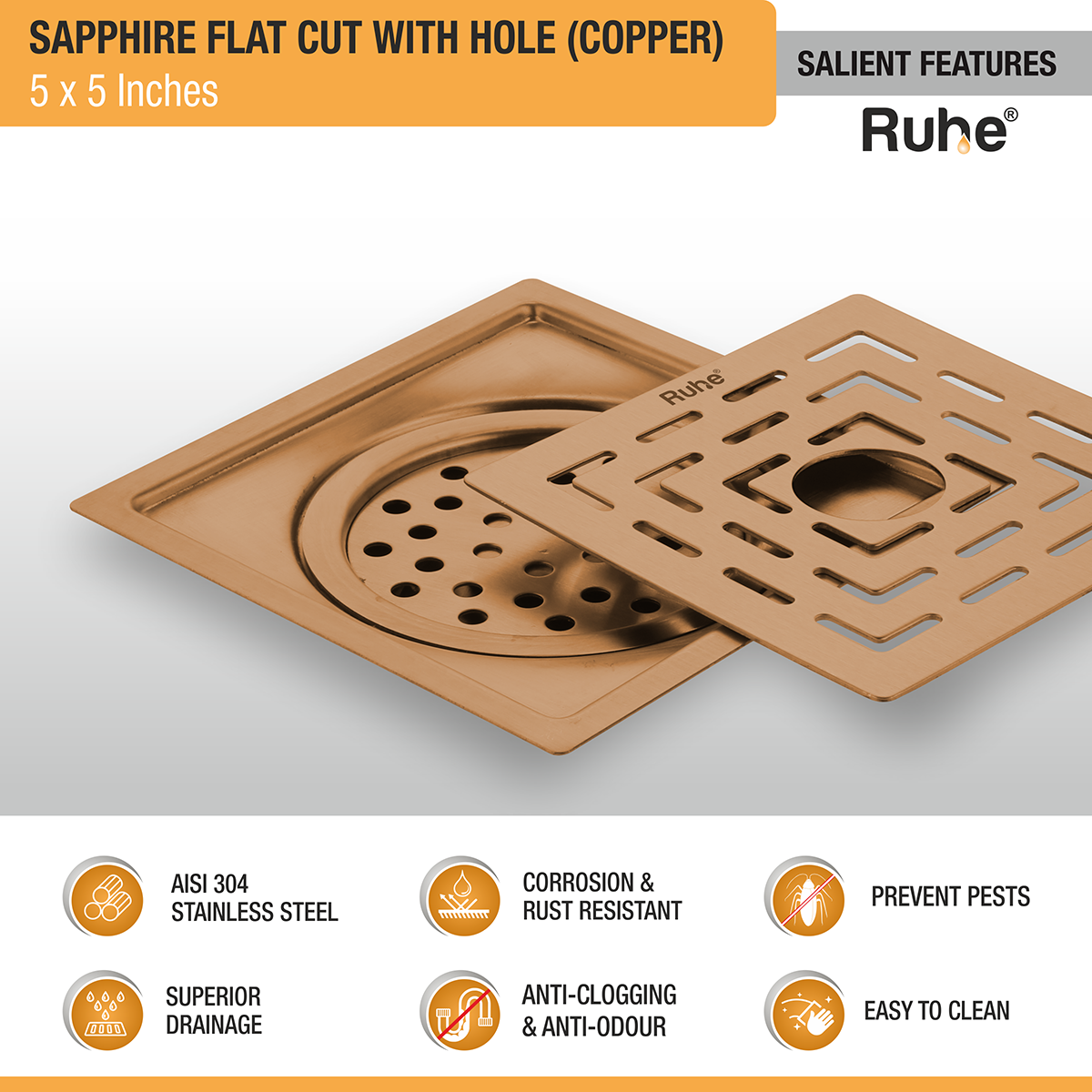 Sapphire Square Flat Cut Floor Drain in Antique Copper PVD Coating (5 x 5 Inches) with Hole - by Ruhe®