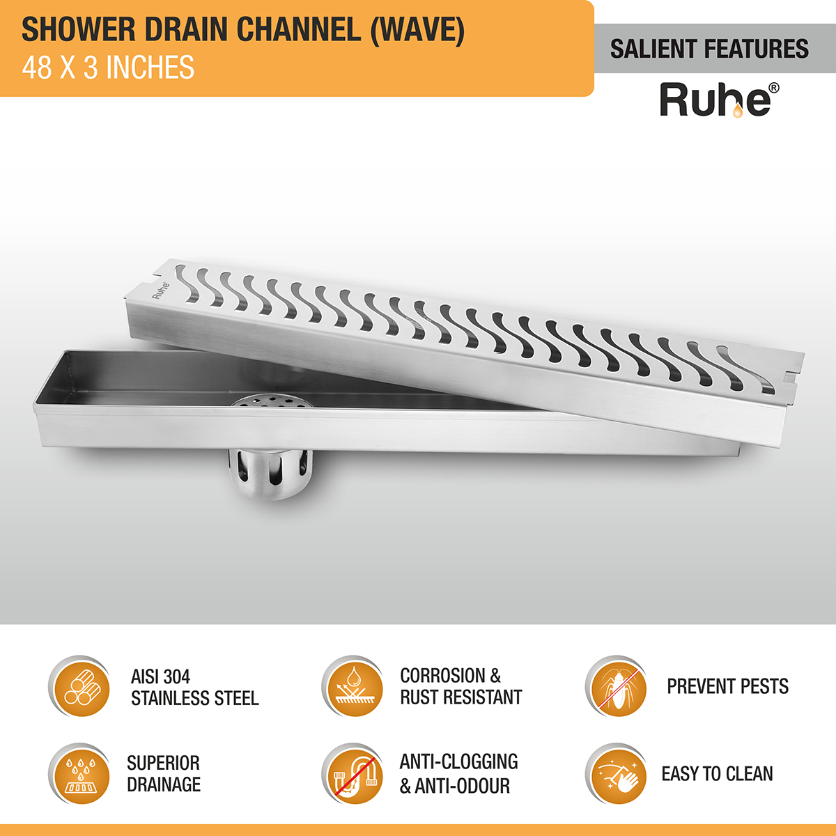 Wave Shower Drain Channel (48 X 3 Inches) with Cockroach Trap (304 Grade) features