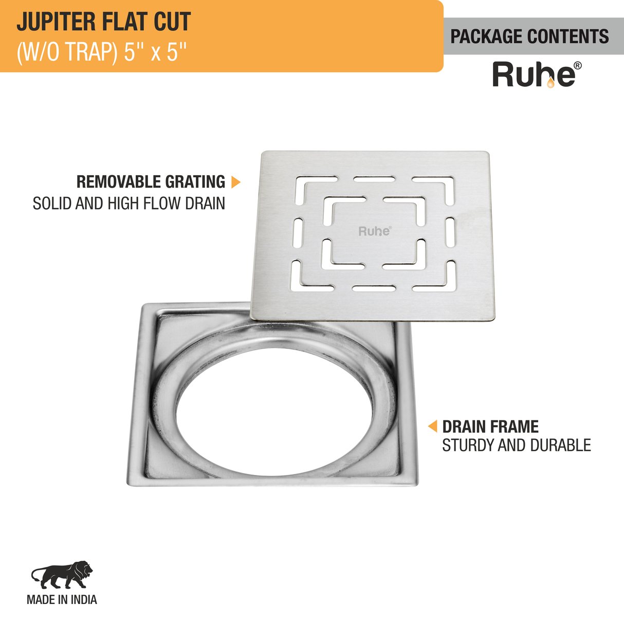 Jupiter Square Premium Flat Cut Floor Drain (5 x 5 Inches) - by Ruhe®