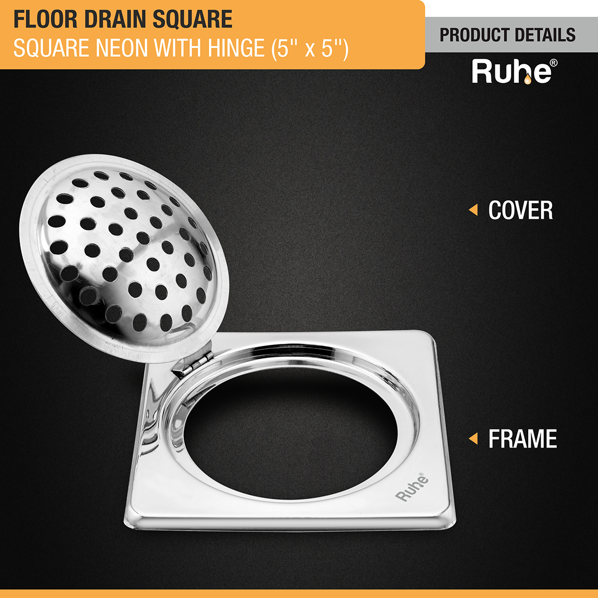 Square Neon Floor Drain (5 x 5 inches) with Hinged Grating Top - by Ruhe®