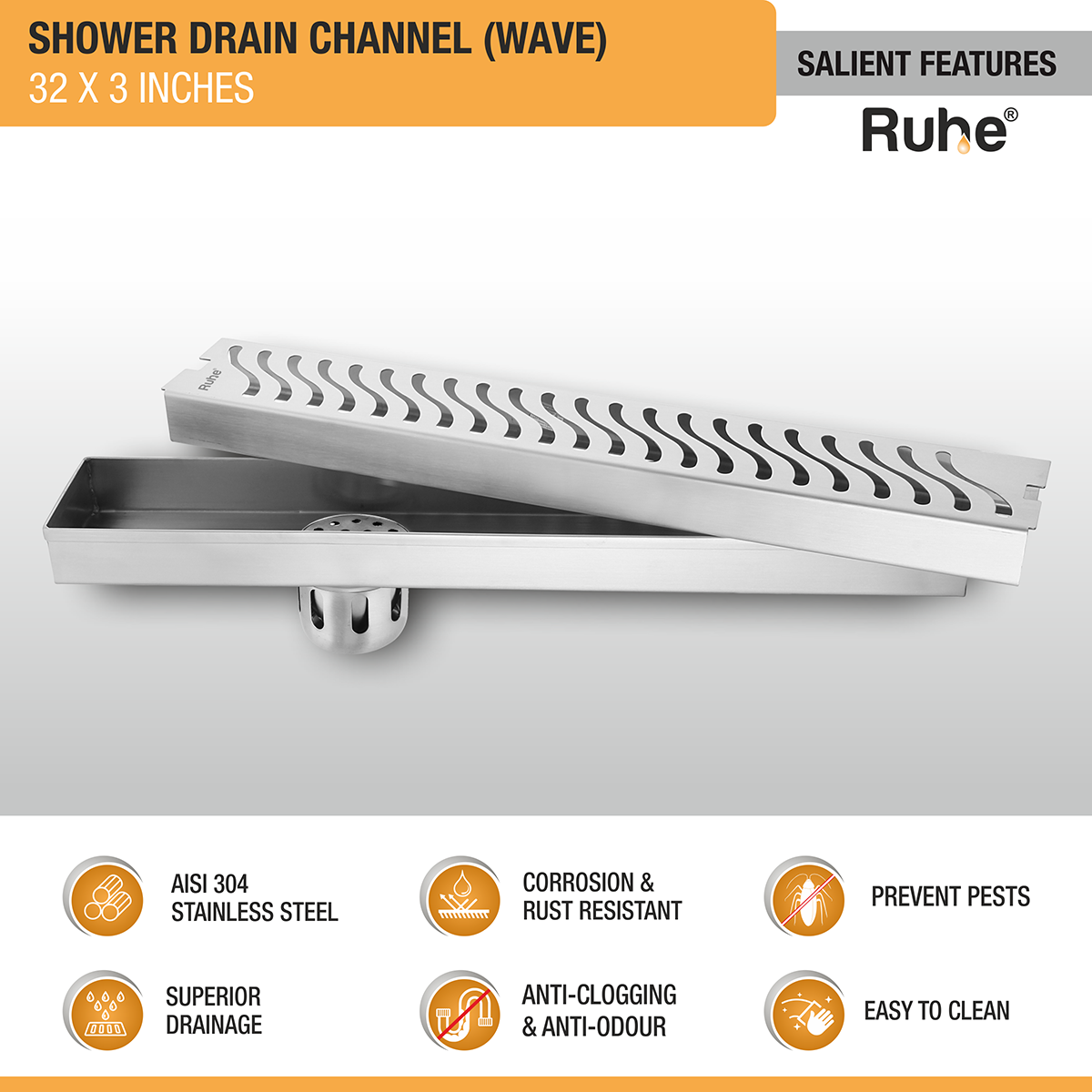 Wave Shower Drain Channel (32 X 3 Inches) with Cockroach Trap (304 Grade) - by Ruhe®