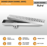 Wave Shower Drain Channel (32 X 3 Inches) with Cockroach Trap (304 Grade) features