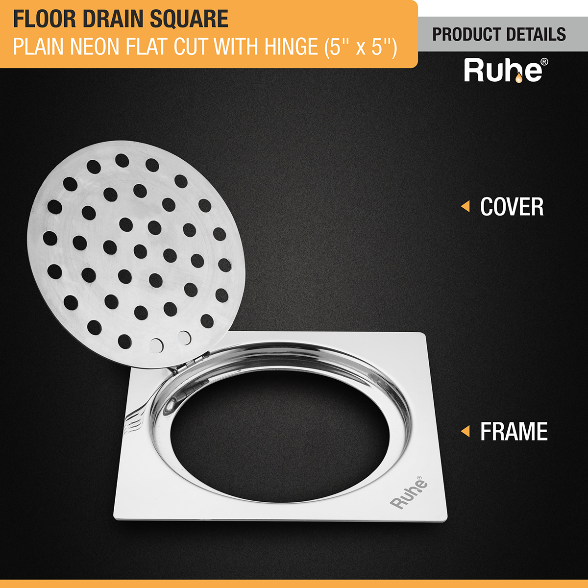 Plain Neon Square Flat Cut Floor Drain (5 x 5 inches) with Hinged Grating Top - by Ruhe®