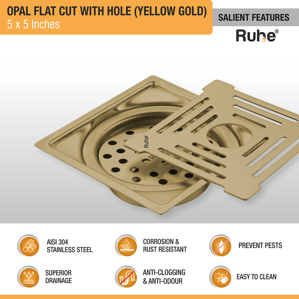 Opal Square Flat Cut Floor Drain in Yellow Gold PVD Coating (5 x 5 Inches) with Hole features