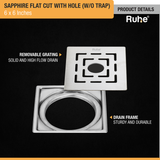 Sapphire Square Flat Cut 304-Grade Floor Drain with Hole (6 x 6 Inches) with removable grating and drain frame