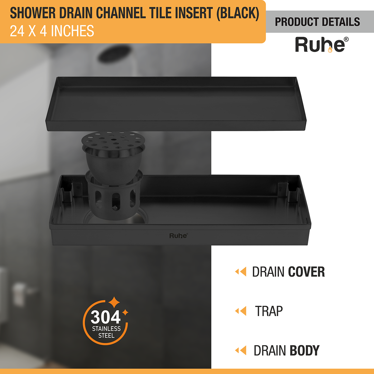 Tile Insert Shower Drain Channel (24 x 4 Inches) Black PVD Coated - by Ruhe®