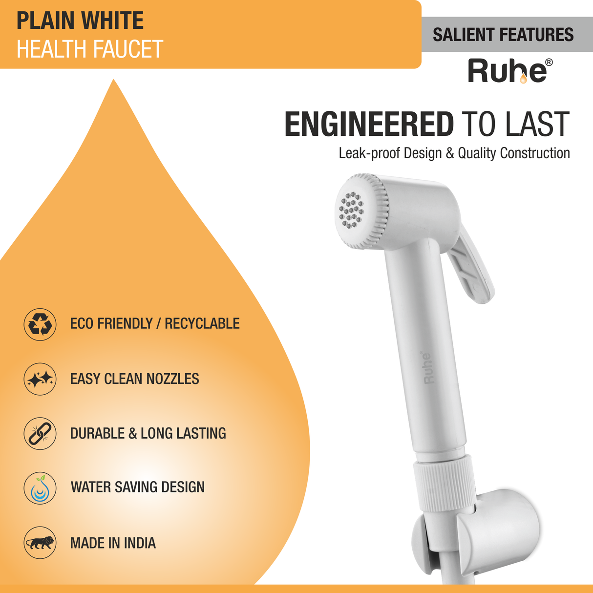 Plain White Health Faucet with 1 meter Flexible Hose (ABS) and Hook - by Ruhe