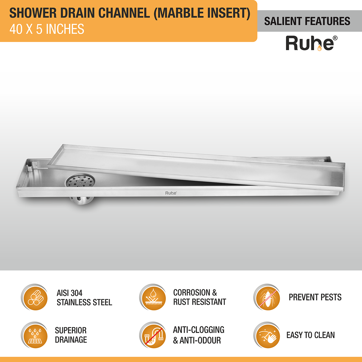 Marble Insert Shower Drain Channel (40 x 5 Inches) with Cockroach Trap (304 Grade) - by Ruhe®