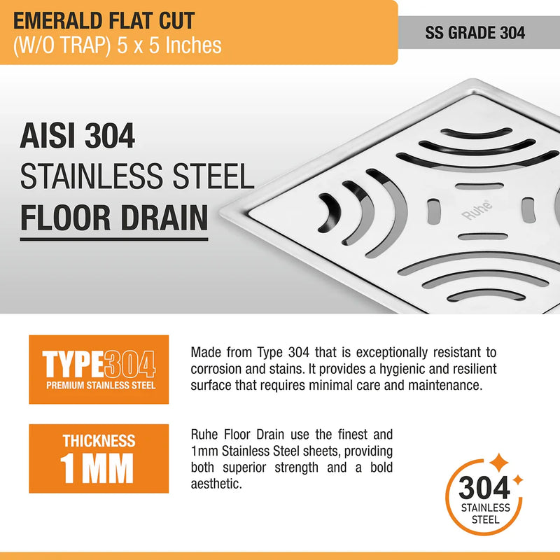 Emerald Square Flat Cut 304-Grade Floor Drain (5 x 5 Inches) - by Ruhe