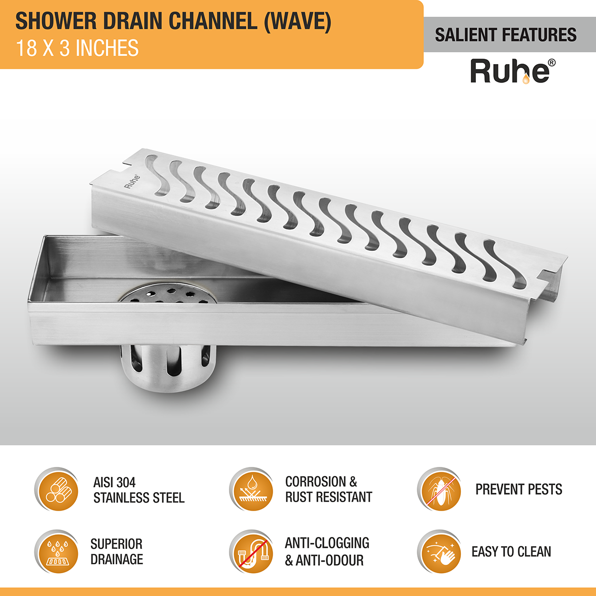 Wave Shower Drain Channel (18 X 3 Inches) with Cockroach Trap (304 Grade) - by Ruhe®