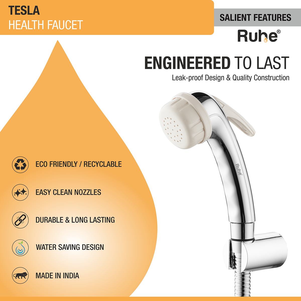 Tesla Health Faucet with Braided 1 Meter Flexible Hose (304 Grade) and Hook features and benefits