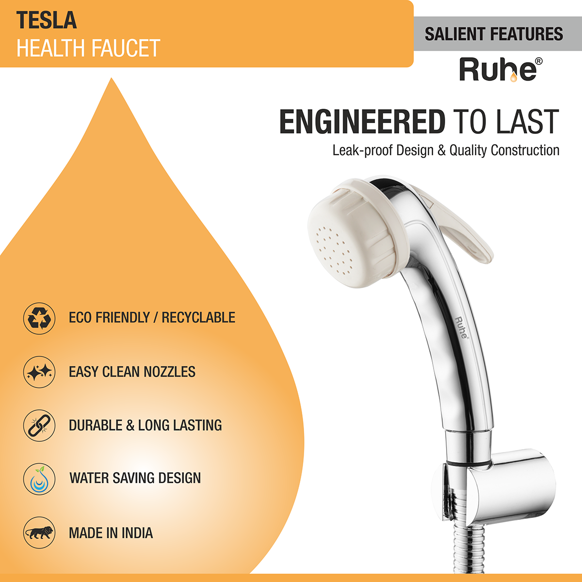 Tesla Health Faucet with Braided 1 Meter Flexible Hose (304 Grade) and Hook - by Ruhe®