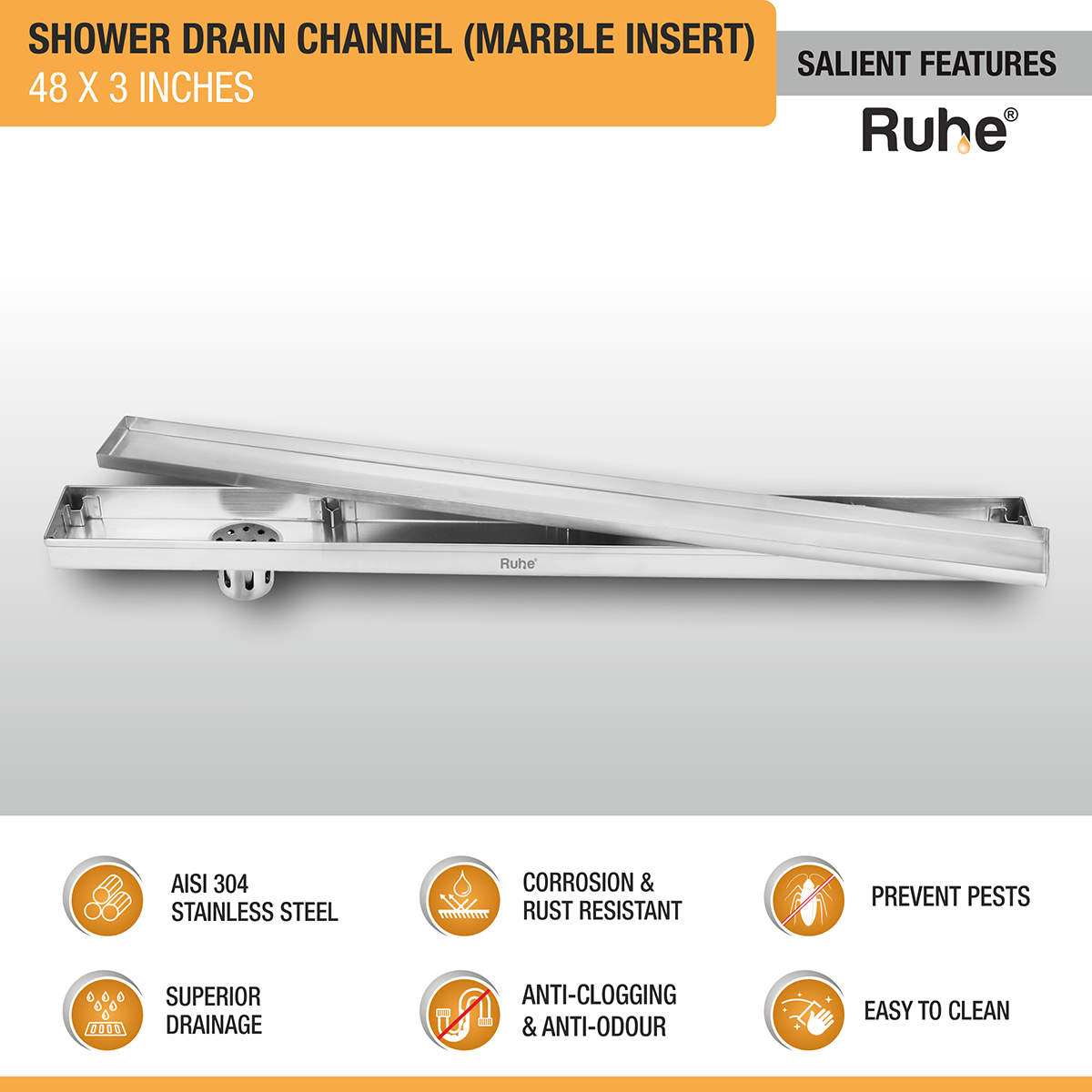 Marble Insert Shower Drain Channel (48 x 3 Inches) with Cockroach Trap (304 Grade) - by Ruhe®