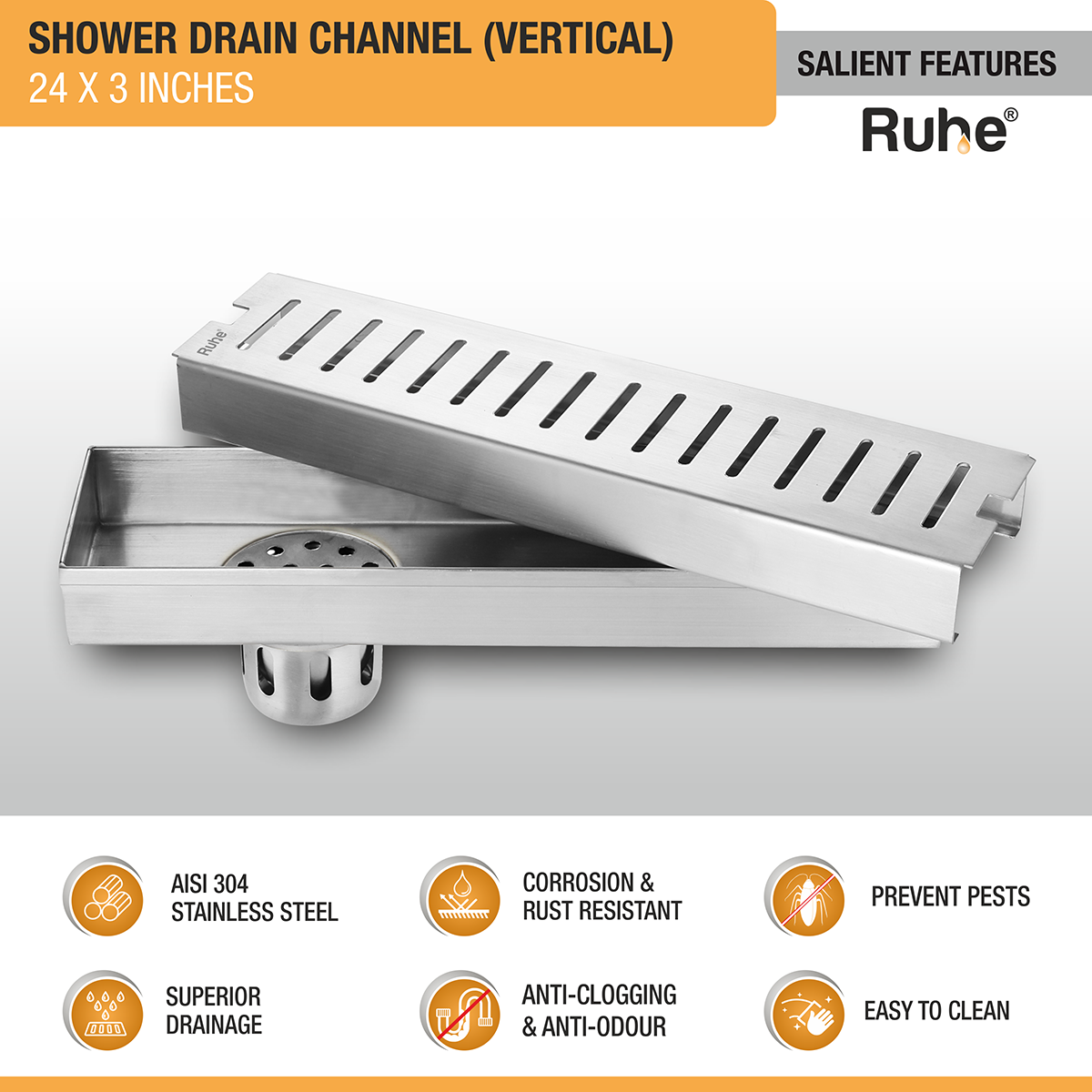 Vertical Shower Drain Channel (24 x 3 Inches) with Cockroach Trap (304 Grade) - by Ruhe®