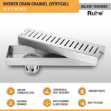 Vertical Shower Drain Channel (24 x 3 Inches) with Cockroach Trap (304 Grade) features