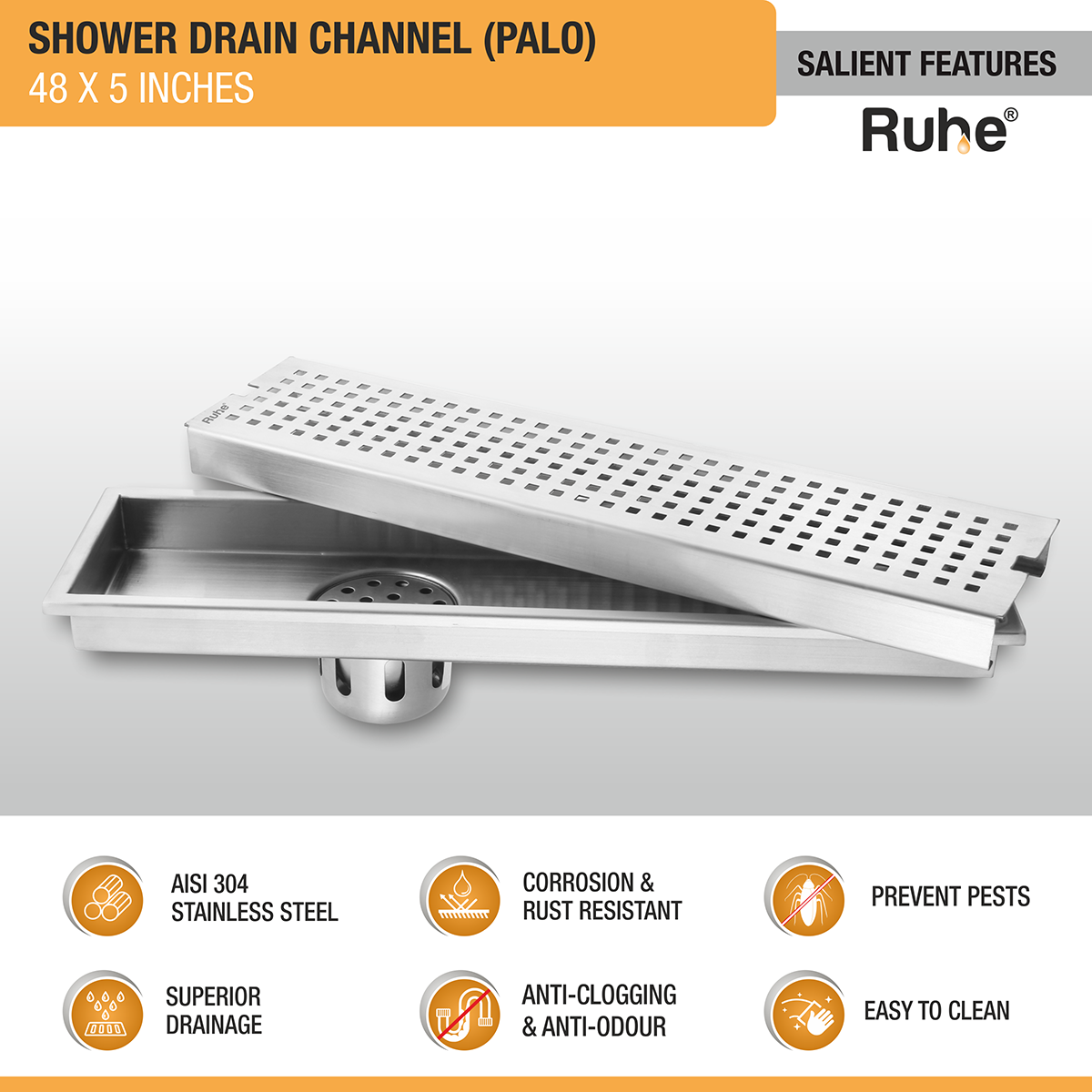 Palo Shower Drain Channel (48 x 5 Inches) with Cockroach Trap (304 Grade) - by Ruhe®