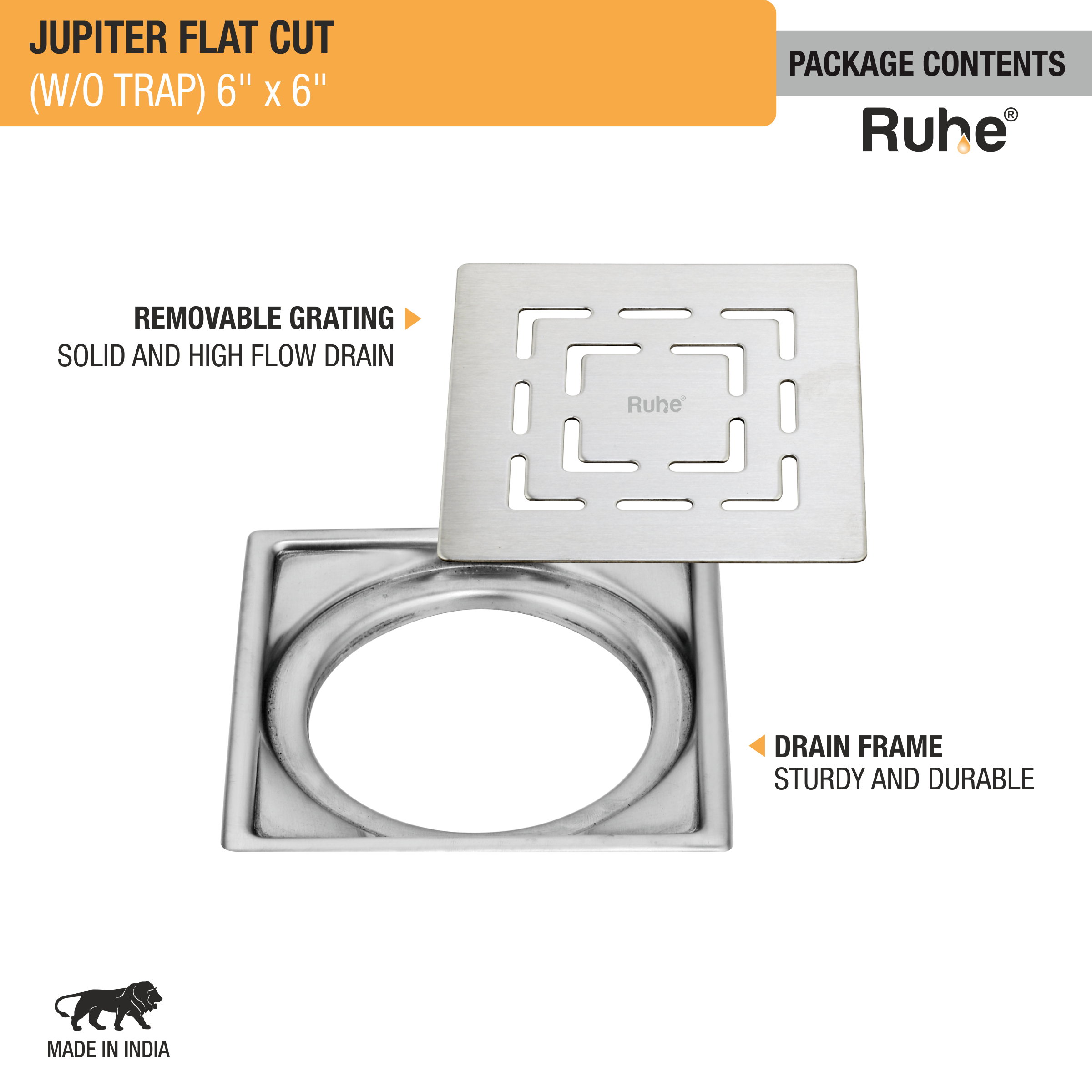Jupiter Square Premium Flat Cut Floor Drain (6 x 6 Inches) package content