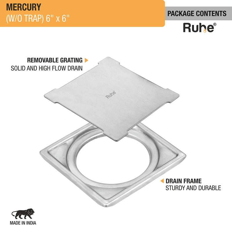 Mercury Square Premium Floor Drain (6 x 6 Inches) - by Ruhe