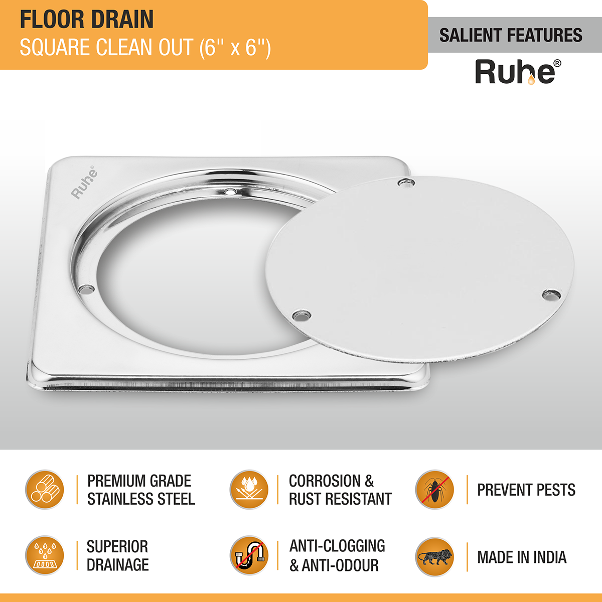 Square Clean Out with Collar Floor Drain (6 x 6 inches)- by Ruhe