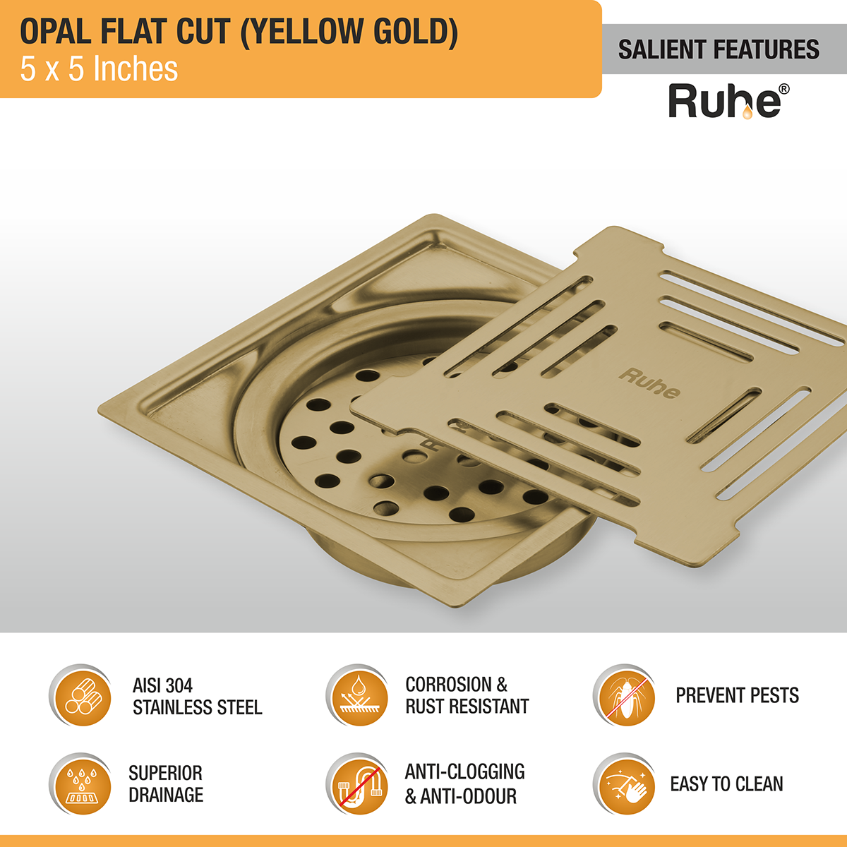 Opal Square Flat Cut Floor Drain in Yellow Gold PVD Coating (5 x 5 Inches) features