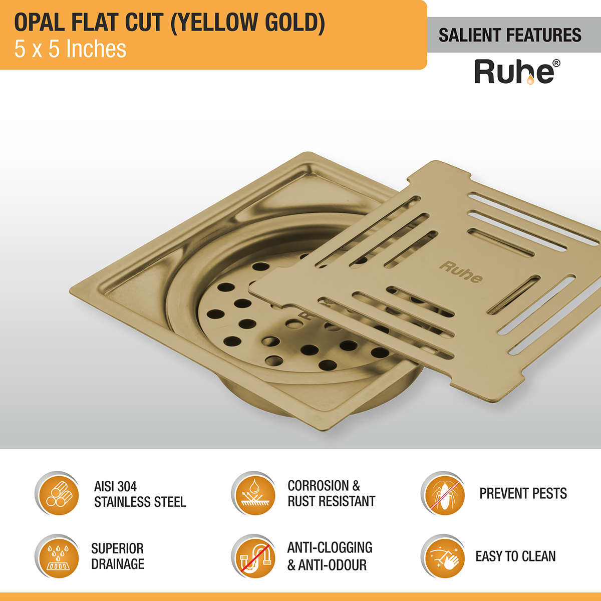 Opal Square Flat Cut Floor Drain in Yellow Gold PVD Coating (5 x 5 Inches) - by Ruhe®