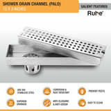 Palo Shower Drain Channel (12 x 3 Inches) with Cockroach Trap (304 Grade) features