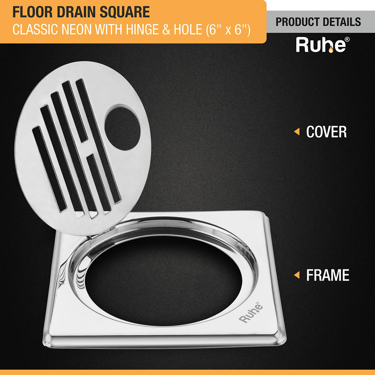 Classic Neon Square Floor Drain (6 x 6 inches) with Hole and Hinged Grating Top - by Ruhe®