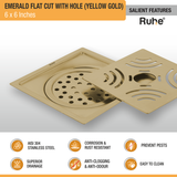 Emerald Square Flat Cut Floor Drain in Yellow Gold PVD Coating (6 x 6 Inches) with Hole features