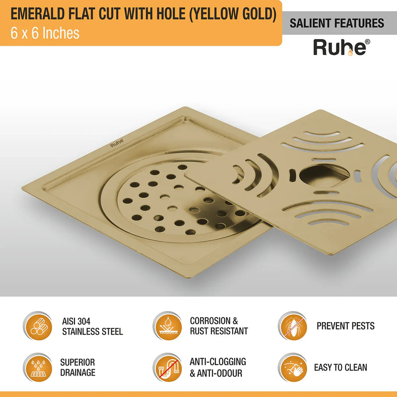 Emerald Square Flat Cut Floor Drain in Yellow Gold PVD Coating (6 x 6 Inches) with Hole - by Ruhe
