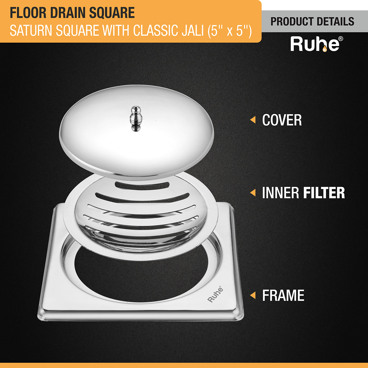 Saturn Classic Jali Square Floor Drain (5 x 5 Inches) with Lid - by Ruhe®