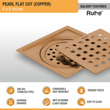 Pearl Square Flat Cut Floor Drain in Antique Copper PVD Coating (6 x 6 Inches) features