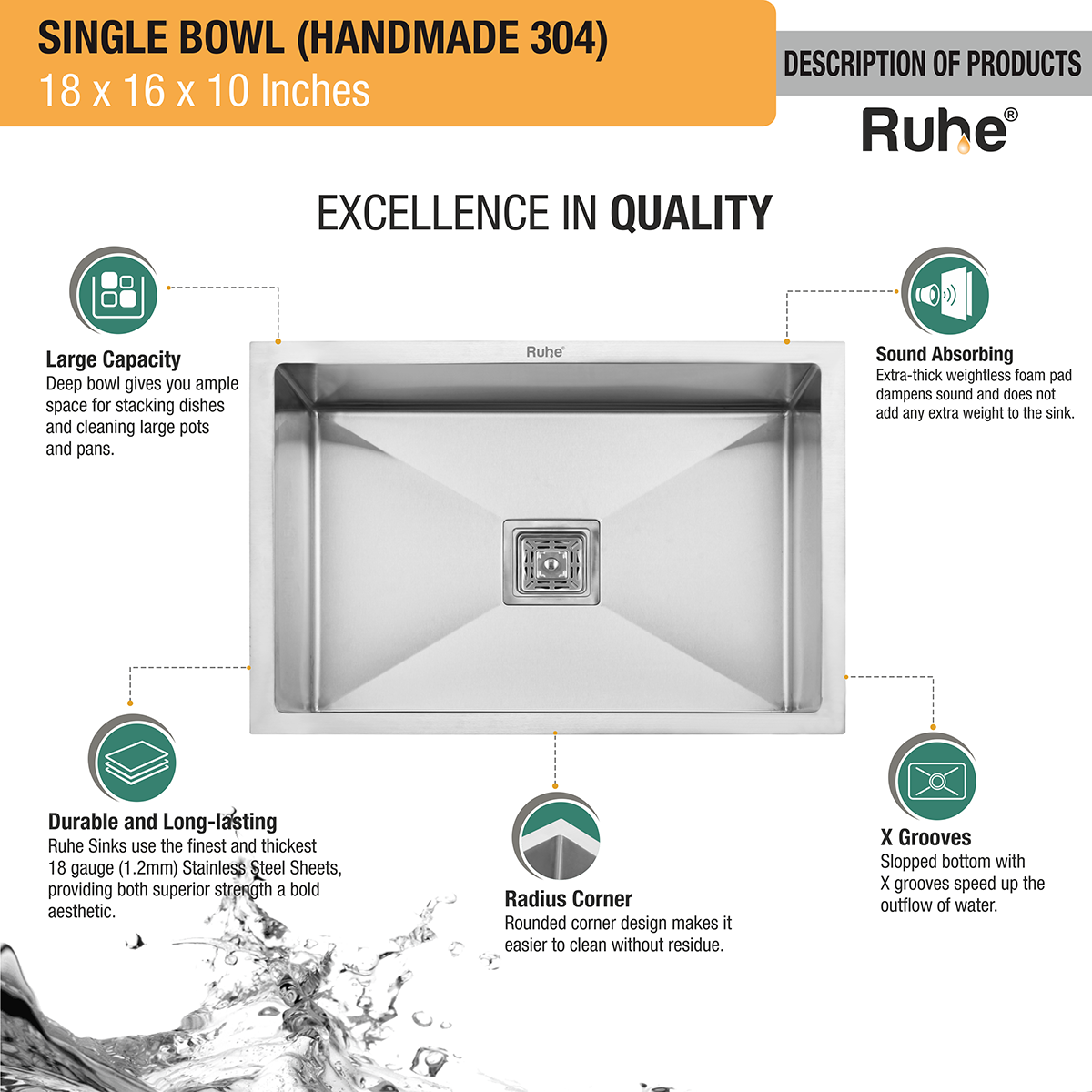 Handmade Single Bowl 304-Grade Kitchen Sink (18 x 16 x 10 Inches) description and quality of sink