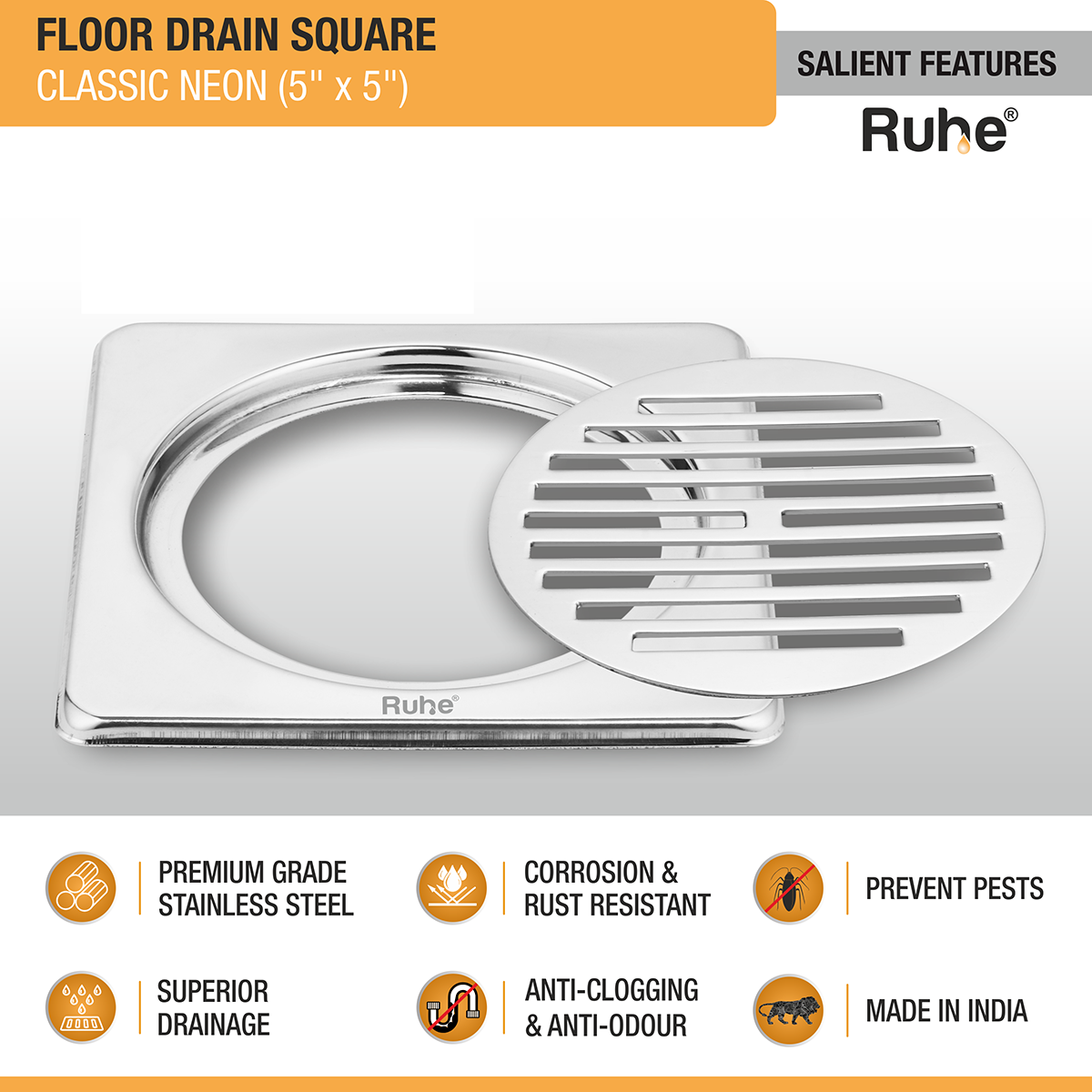 Classic Neon Square Floor Drain with Collar (5 x 5 inches) - by Ruhe®