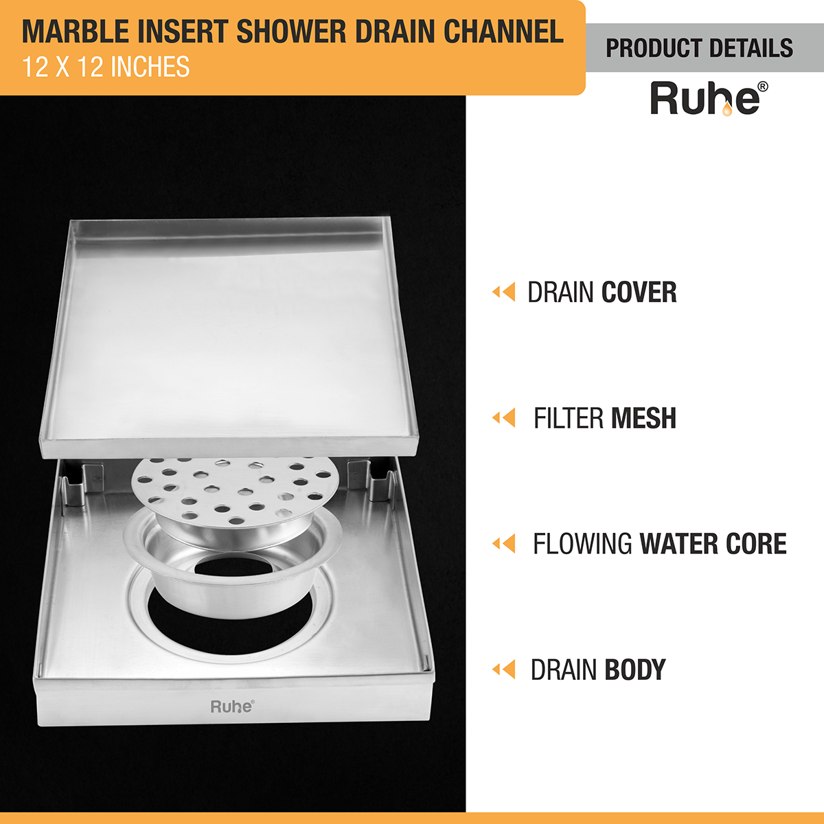 Marble Insert Shower Drain Channel (12 x 12 Inches) with Cockroach Trap (304 Grade) - by Ruhe®