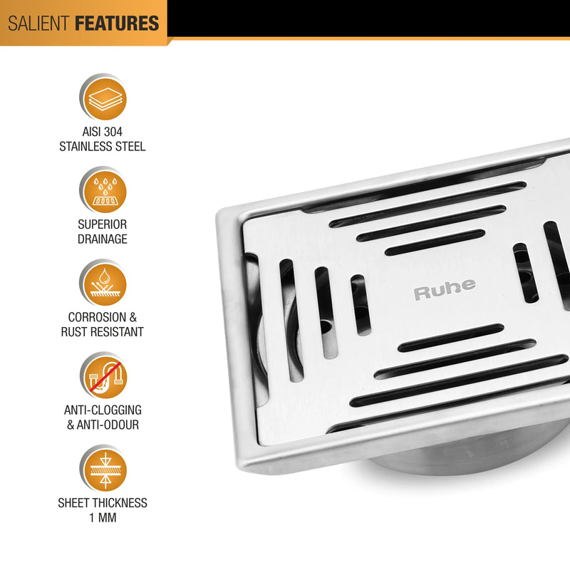 Opal Square 304-Grade Floor Drain with Collar & Cockroach Trap (5 x 5 Inches) - by Ruhe