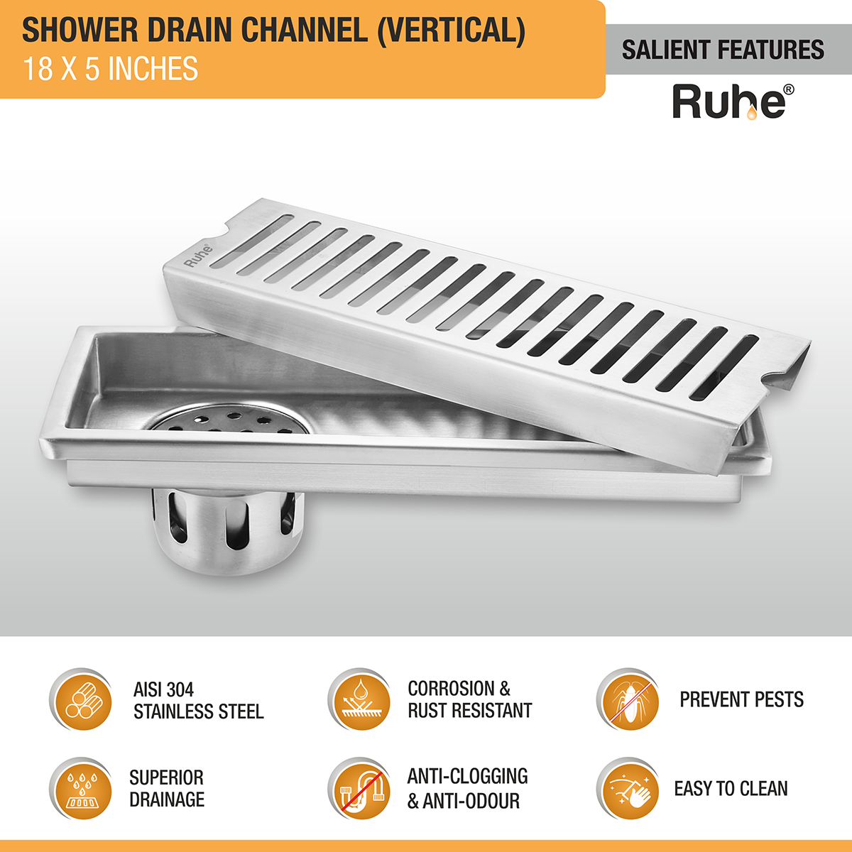 Vertical Shower Drain Channel (18 x 5 Inches) with Cockroach Trap (304 Grade) - by Ruhe®