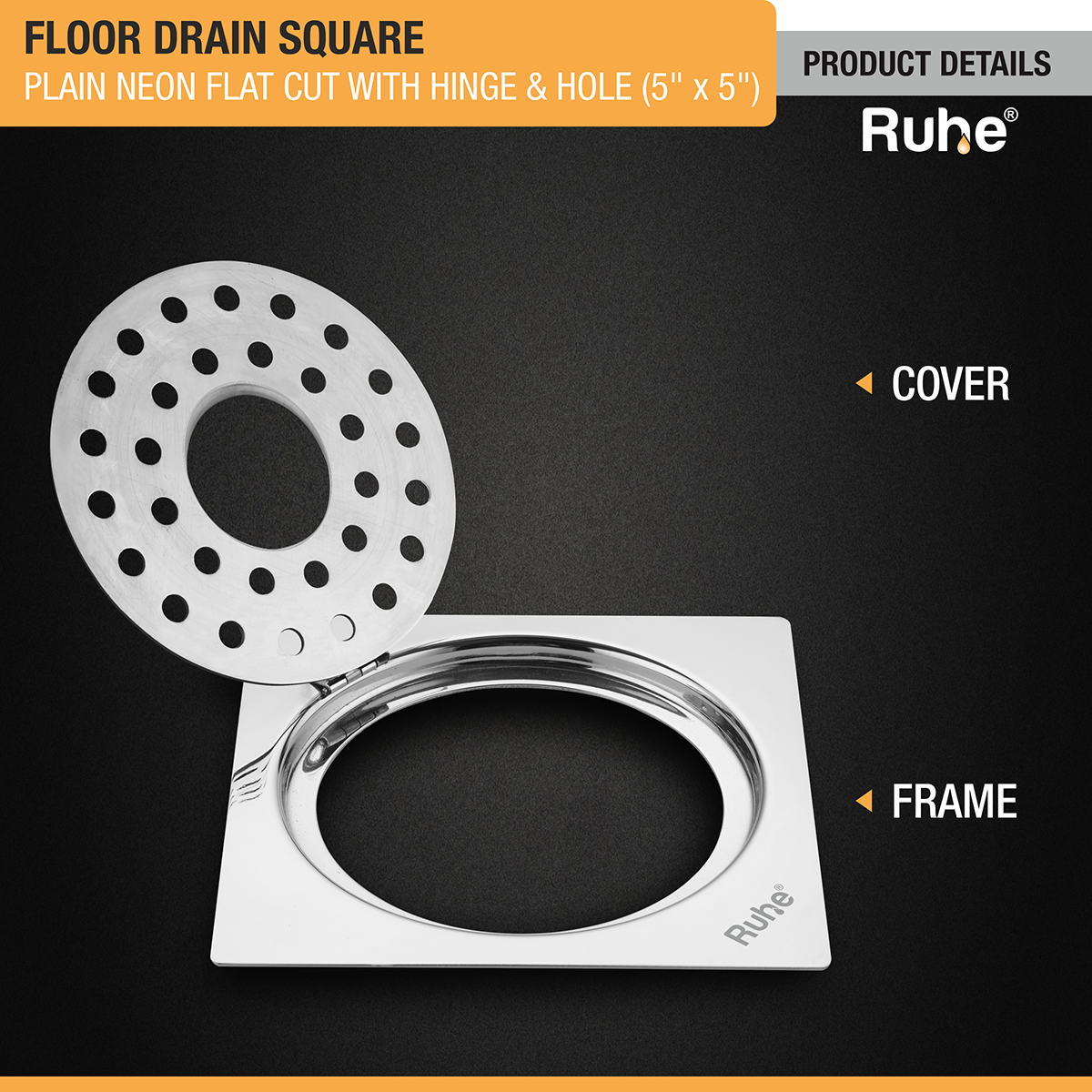 Plain Neon Square Flat Cut Floor Drain (5 x 5 inches) with Hinged Grating Top and Hole - by Ruhe®