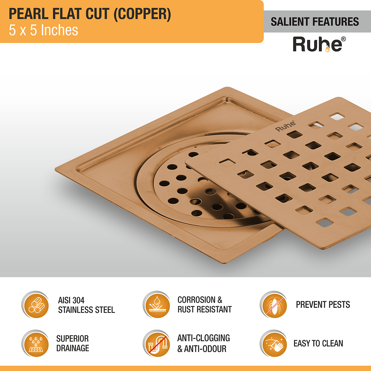 Pearl Square Flat Cut Floor Drain in Antique Copper PVD Coating (5 x 5 Inches) - by Ruhe